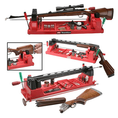 MTM Gun Vise MTM Gun Vise is a practical maintenance and gunsmithing support system for rifles and shotguns. The GV30 uses a single cam-activated lever for quick, secure clamping. Rubberized contact points help protect the firearm finish during cleaning and maintenance. The two fork positions allow a firearm to sit level or at an angle. Therefore, the same setup can support routine maintenance, scope work and cleaning tasks. The rear fork also provides a useful cleaning position for firearms that need a slight drainage angle. In addition, the vise supports shotgun barrels during cleaning. The base provides 11 compartments for organizing small parts and cleaning accessories. These compartments can hold patches, jags, brushes, solvents and other maintenance items. Furthermore, the unit has 21 molded screwdriver bit holders. These holders can also accommodate cleaning tools such as jags and brushes. Two lower holders provide a dedicated place for cleaning rods. The single adjustment lever makes clamping quick and straightforward. Once positioned, the rubberized contact points provide a firm, non-marring grip. The design supports a wide range of long guns, while the fork positions allow different working angles. For example, a level position suits general gunsmithing and maintenance. Alternatively, the sloped position can help when cleaning a firearm and managing cleaning fluid. The four skid-resistant rubber feet keep the unit stable on a workbench. You can also bolt the vise down for a more permanent setup. The GV30 uses rugged polypropylene plastic that resists common chemicals and solvents used during firearm maintenance. As a result, it works well as a dedicated bench station for cleaning and routine gunsmithing tasks. The integrated storage areas also keep frequently used tools close to the firearm. MTM GV30 Specifications Brand: MTM Case-Gard Model: GV30 Application: Rifle and shotgun cleaning, maintenance and gunsmithing Clamp: Single cam-activated adjustment lever Contact points: Rubberized, non-marring Fork positions: Level and sloped Base compartments: 11 Screwdriver bit holders: 21 Cleaning rod holders: 2 Feet: Four skid-resistant rubber feet Material: Chemical and solvent-resistant polypropylene plastic Mounting: Free-standing or bolt-down Country of manufacture: USA The MTM GV30 provides dedicated workbench support for firearm cleaning, maintenance and gunsmithing. For additional cleaning accessories, see our Firearm Cleaning range. See the manufacturer information for further product details.