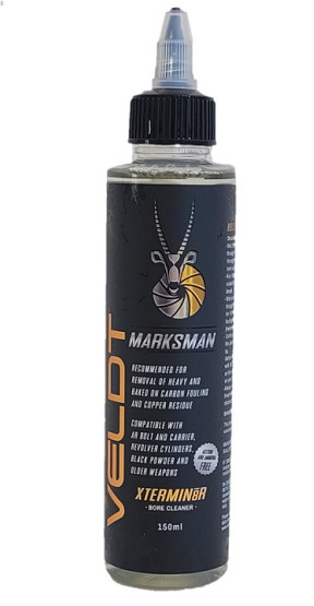 Veldt XTermin8R Bore Cleaner 150ml targets carbon, copper, nitro, moly and lead fouling in rifles and sidearms with a blue copper indicator.